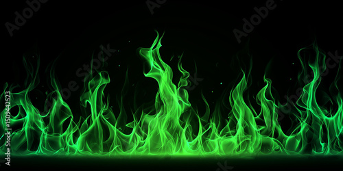 Vivid green fire flames glowing on a dark black background with intense energy
