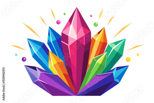 A collection of vibrant, multifaceted crystals in various colors, radiating sparkles.