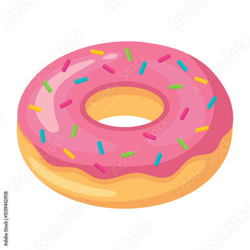 Flat cartoon-style illustration of a round donut with pink icing and multicolored sprinkles. Sweet, fun, and appetizing dessert icon isolated on white background.