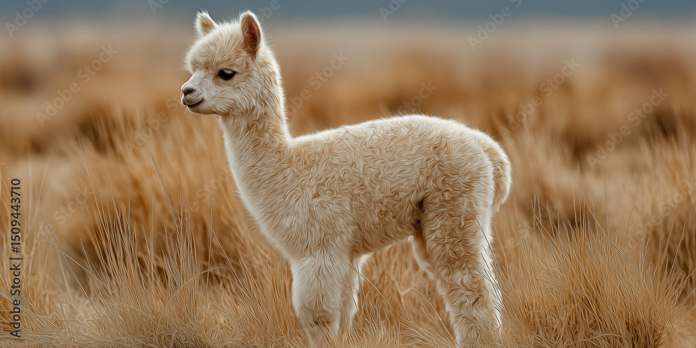 Fototapeta premium Fluffy cream-colored baby alpaca in golden grassland, facing sideways with peaceful posture 