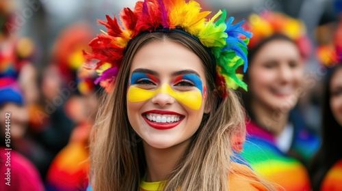 Joyful Young Woman Smiling at Colorful Celebration with Face Paint photo