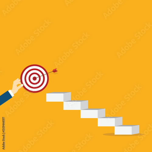 Goal, motivation to success. Climb up stairs to reach goal target on the top.