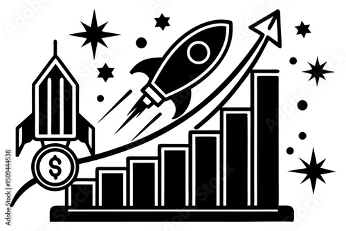 A rocket taking off over a bar graph with an upward arrow, flanked by another rocket and stars, symbolizing financial growth and success.
