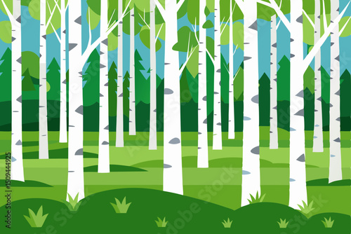 Birch Forest Illustration Tranquil Nature Scene of Green Meadow and White Birch Trees