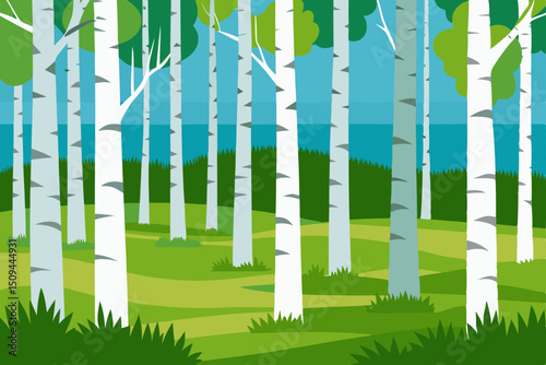 Serene Birch Forest Meeting the Sea A Tranquil Coastal Woodland Scene