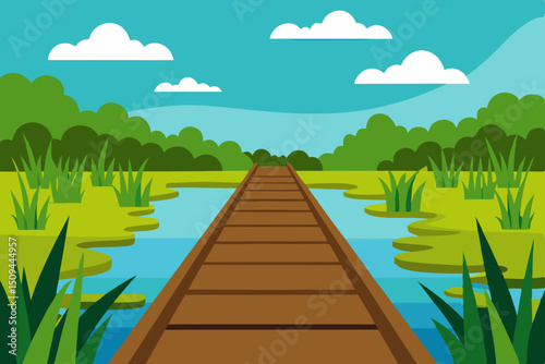 Serene Wooden Bridge Pathway Across Tranquil Marsh Landscape A Picturesque Nature Scene