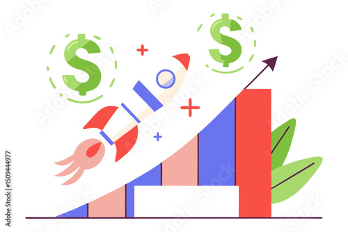 A rocket taking off alongside a bar graph with an upward arrow, symbolizing rapid financial growth and success, with dollar signs in the background.