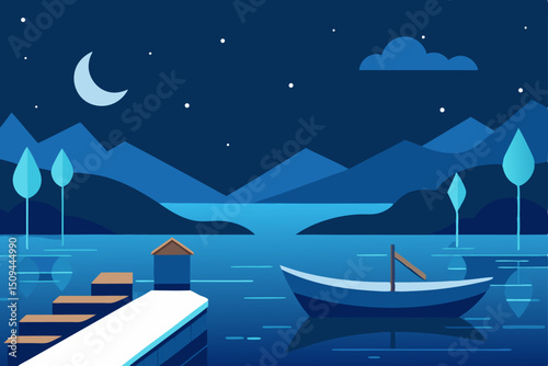 Serene Nightscape Tranquil Lake, Boat, and Starlit Sky Illustration