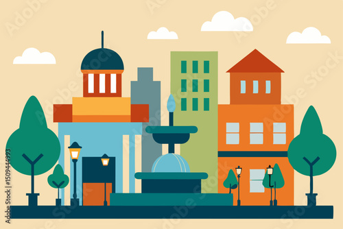 Vibrant Cityscape Illustration Charming Town Square with Fountain and Buildings