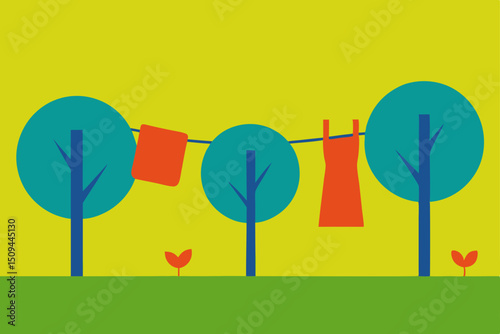 Sunny Day Clothesline Simple Illustration of Summer Drying Clothes Outdoors