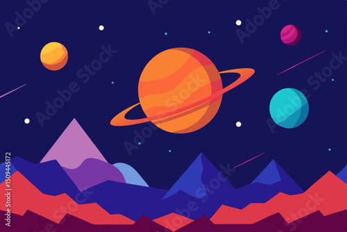 Cartoon vector illustration of a rocket traveling to the moon and stars in space
