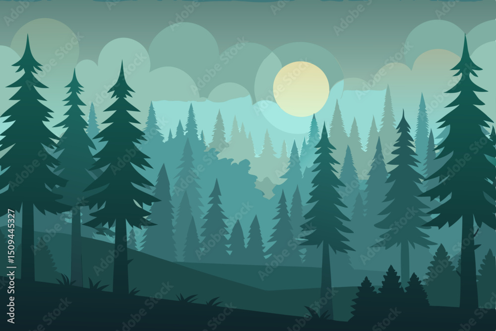 Fototapeta premium Snowy winter forest landscape with pine trees and mountains