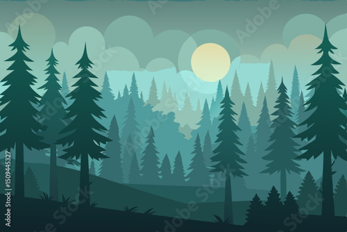 Snowy winter forest landscape with pine trees and mountains