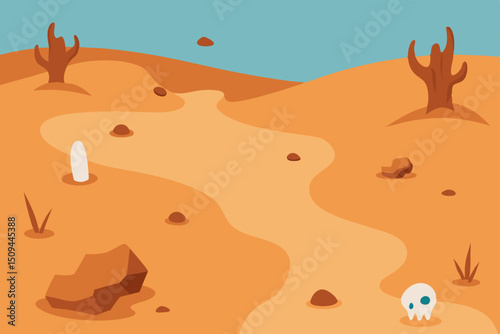 Desert Landscape Illustration Arid Terrain with Winding Path and Cactus