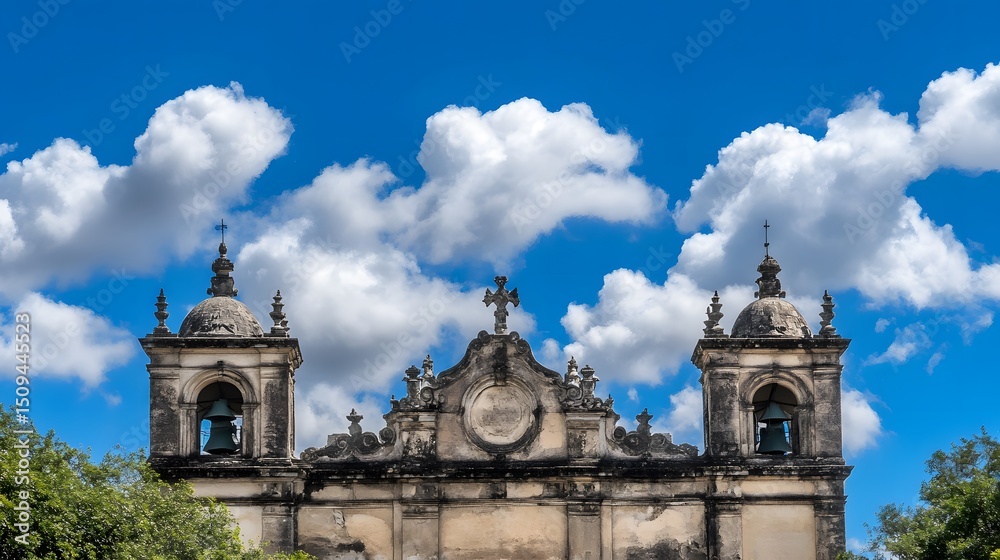 Fototapeta premium Ancient Church Facade Bells Blue Sky Clouds