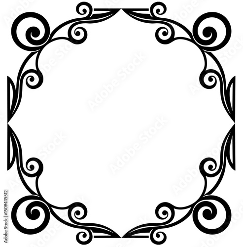 Ornamental Circular-Square Frame with Symmetrical Swirls and Scroll Elements. Vintage, Baroque, Victorian, and Classic Styles.