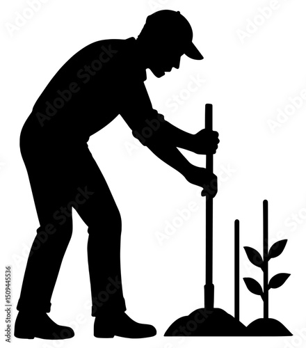 Silhouette of a Man Supporting Young Plants with Stakes. Gardening and Plant Care, Outdoor Agricultural Work, Sustainable Farming, Growth and Nature Interaction Concept

