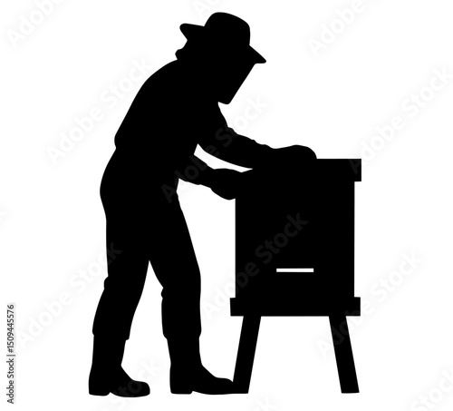 Silhouette of a Beekeeper Working at a Beehive. Traditional Beekeeping Activity, Honey Production, Sustainable Agriculture, Nature Care, Rural Lifestyle and Apiculture

