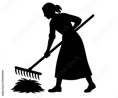 Silhouette of a Woman Raking Hay on a Farm. Traditional Agricultural Work, Harvest Season, Rural Life, Manual Labor, Sustainable Farming and Outdoor Chore

