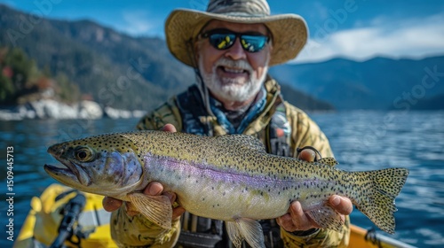 A happy fisherman in sunglasses proudly displays a fresh rainbow trout caught during an early morning kayak fishing trip on a serene lake surrounded by mountains and trees