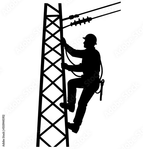 Silhouette of a Power Line Technician Climbing Transmission Tower. Energy Infrastructure Maintenance, High Voltage Work, Electrical Grid System, Utility Services, Reliability and Critical Engineering
