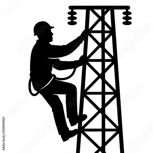 Silhouette of a Utility Lineworker Climbing High Voltage Power Tower. Emergency Repair Scene, Electrical Maintenance, Power Line Work, Energy Infrastructure Safety, Risk and Responsibility

