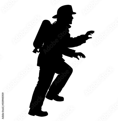 Silhouette of a Firefighter Climbing Over an Obstacle. Emergency Rescue Training, Physical Readiness, Disaster Response, Heroic Action, Fire Service Challenge and Duty


