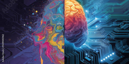 Conceptual split brain with colorful artistic side and digital blue circuit side representing AI and creativity

