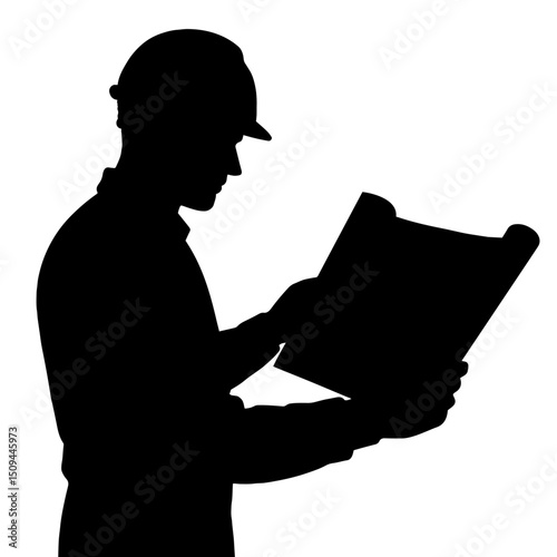 Silhouette of a Construction Worker Wearing a Hard Hat and Holding Blueprint. Engineering Planning, Industrial Project Design, Site Inspection, Architecture and Safety Concept

