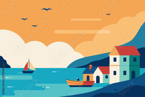 Coastal landscape with a house nestled by the blue sea, sun-drenched beach, and distant mountains, ideal for summer travel and relaxing island vacations