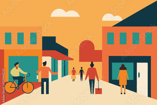 Street art illustration of diverse urban people, families, and business individuals walking on a city road
