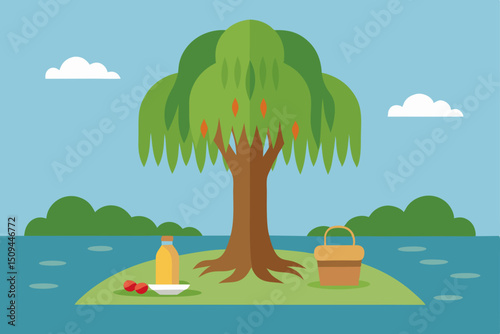Tropical landscape vector illustration of a summer island paradise with palm trees, sandy beach, and clear ocean