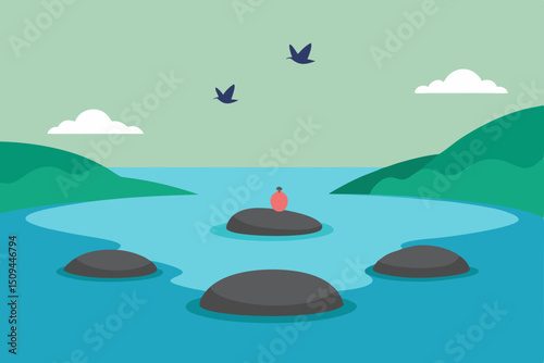 Smooth stones in tranquil sea water with waves reflecting the blue sky and distant mountains, an idyllic nature landscape illustration
