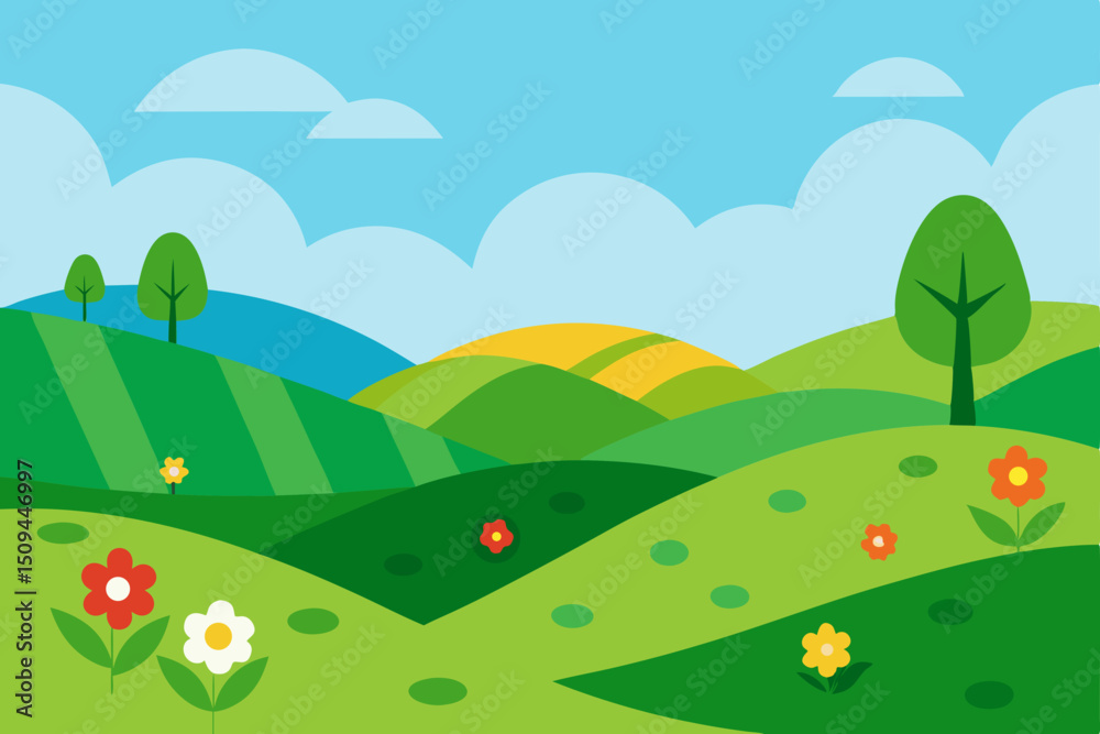 Fototapeta premium Summer landscape illustration of a rural meadow with a rainbow over green hills, trees, and flowers under a clear sky