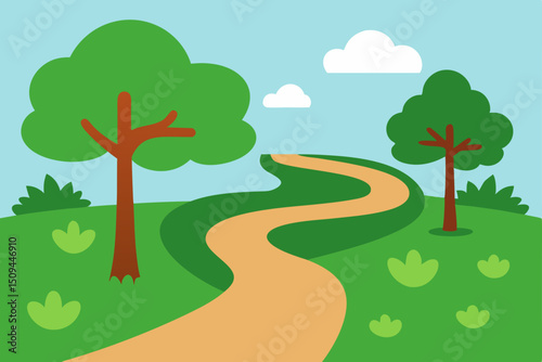A vibrant cartoon landscape illustration captures a summer day with a lone tree in a grassy field under a clear sky, surrounded by a lively forest and blooming flowers