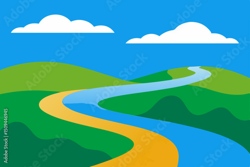 Green summer landscape with a blue sky, river, and distant hills