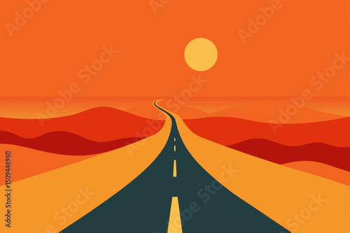 Desert road winding towards the sea under a vibrant orange sunset sky, with distant mountains silhouetted against the horizon