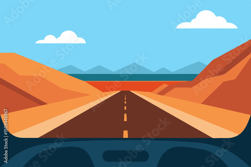 Road winding through a desert landscape towards a sunset sky with a plane in the distance