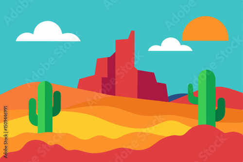 Sunrise desert landscape vector with a road leading to Monument Valley, Arizona and saguaro cactus under a cloudy sky