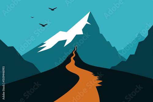 Mountain landscape vector illustration with snowy peaks, morning sun, and cloudy sky