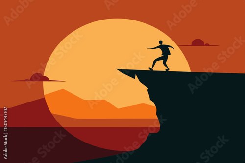 Silhouette of a man fishing from a boat on the calm sea at sunset