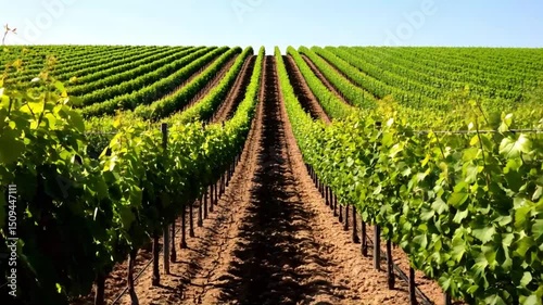 Rows of grapevines stretch toward horizon in golden sunlight. Geometric pattern of vineyard , ground level. Agricultural landscape, Wine tasting events, Harvest festivals, Wine Tourism, Agriculture