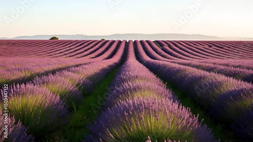 Purple lavender rows extend to distant horizon in stunning display. Provencal landscape with copy space. Concept: Aromatherapy, Spa, Wellness, Wellness retreats, Spa promotions, Mother's Day, Wedding 