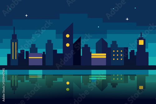 Cityscape at night with illuminated buildings under a dark sky and a prominent moon