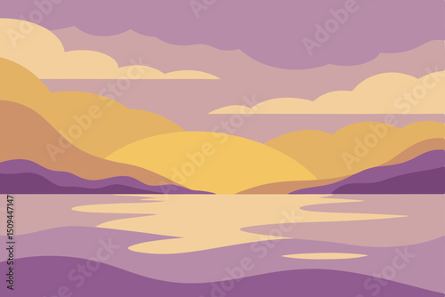 Vector illustration of a tranquil sea and majestic mountains at sunrise, with a misty valley under a cloud-filled sky