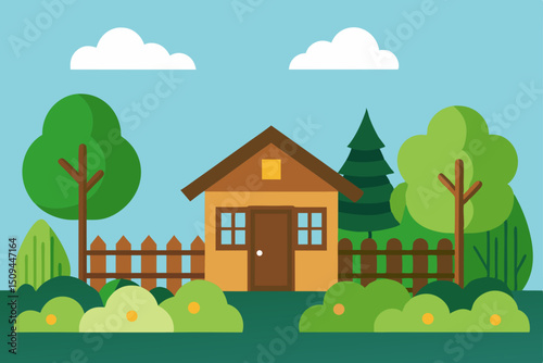 Cartoon vector illustration of a summer landscape with houses and trees, depicting a village home with a garden under a sunny sky