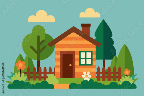 Forest landscape with a charming cartoon cottage, trees, and grass, perfect for a summer village illustration