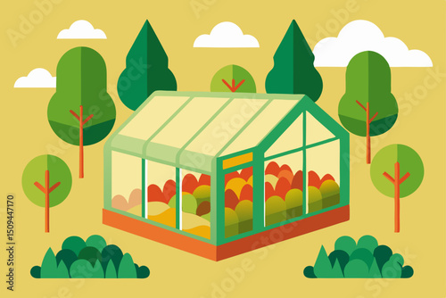 A cartoon vector illustration of a house with a tree in a vibrant farm landscape under a summer sky, depicting an eco-friendly village design