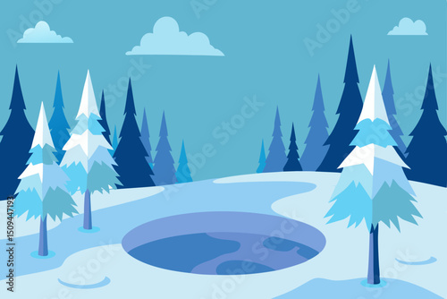 Winter landscape vector illustration of a snowy forest scene with pine trees under a cold blue sky