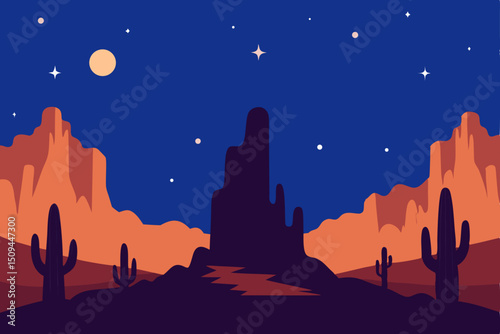 Moonlit night landscape with silhouetted trees and starry sky